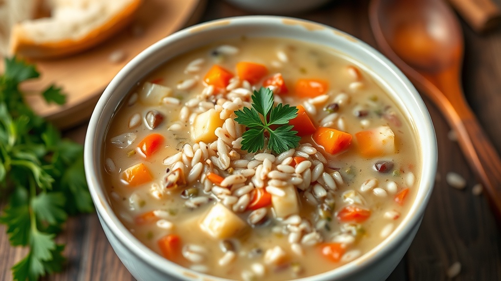Creamy Wild Rice Soup with Vegetables A hearty bowl of creamy Wild Rice Soup with vegetables, garnished with parsley, set in a cozy kitchen.